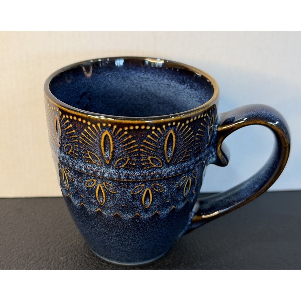 Willow Indigo Blue Mug World Market Intricate Embossed Reactive Glaze 12 Ounces